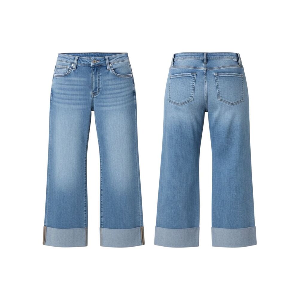 Risen High Rise Tummy Control Ankle Wide Leg Cuffed Jeans Light Medium Wash NWT - Picture 11 of 12